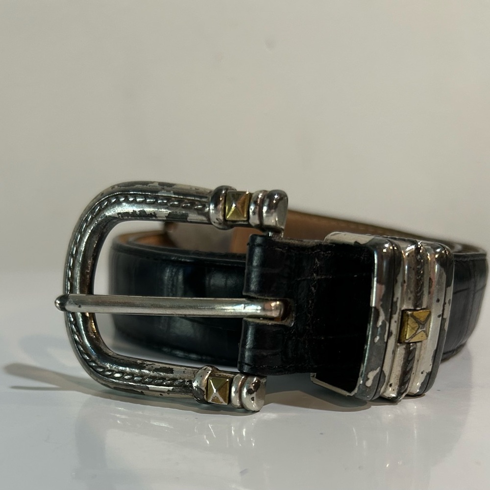 Vintage Western Black Leather Belt – Silver & Gold Accent Buckle – Size Small
